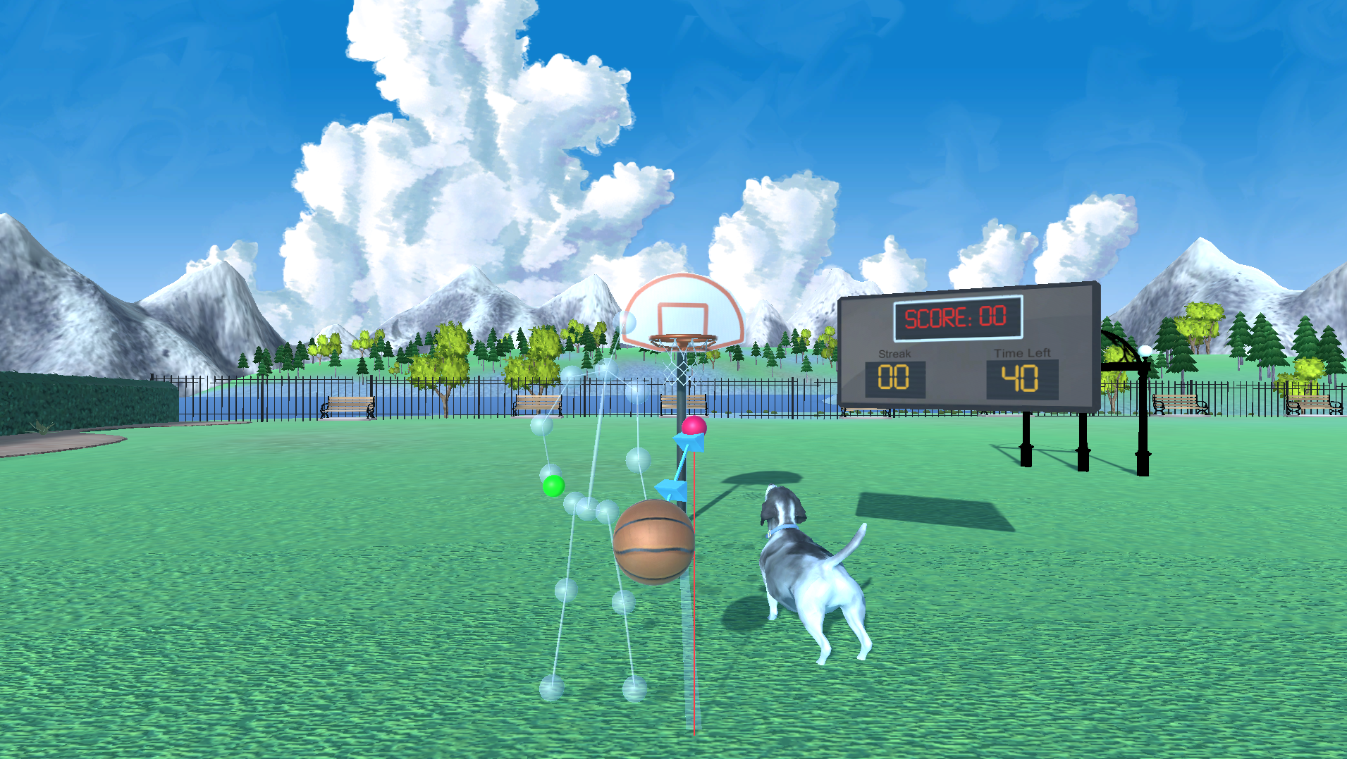 VFB-A Basketball Minigame A virtual person throwing a basketball with a dog.
