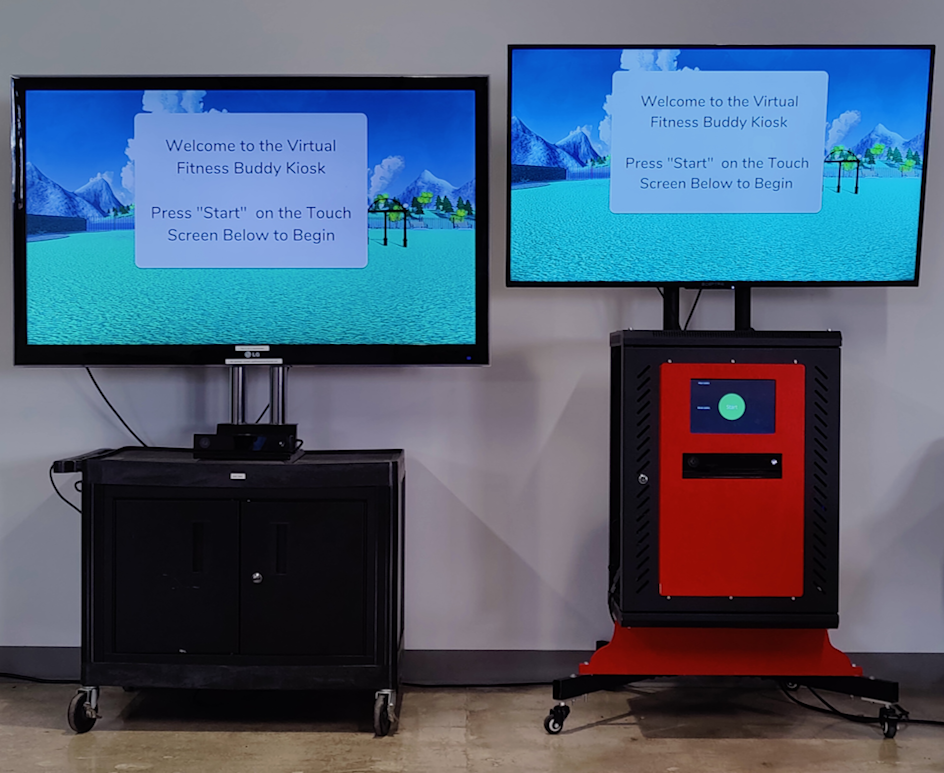 Virtual Fitness Buddy Afterschool Kiosks Two mobile, locking cabinets with large screen televisions on top.