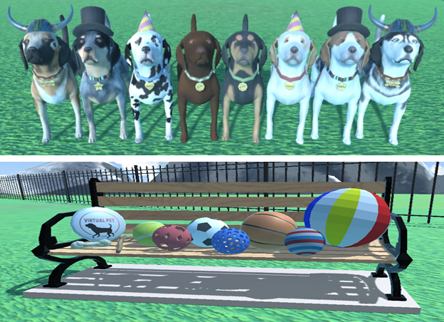 VFB-H customization options Eight customized virtual dogs and ten fetch toys on a bench.