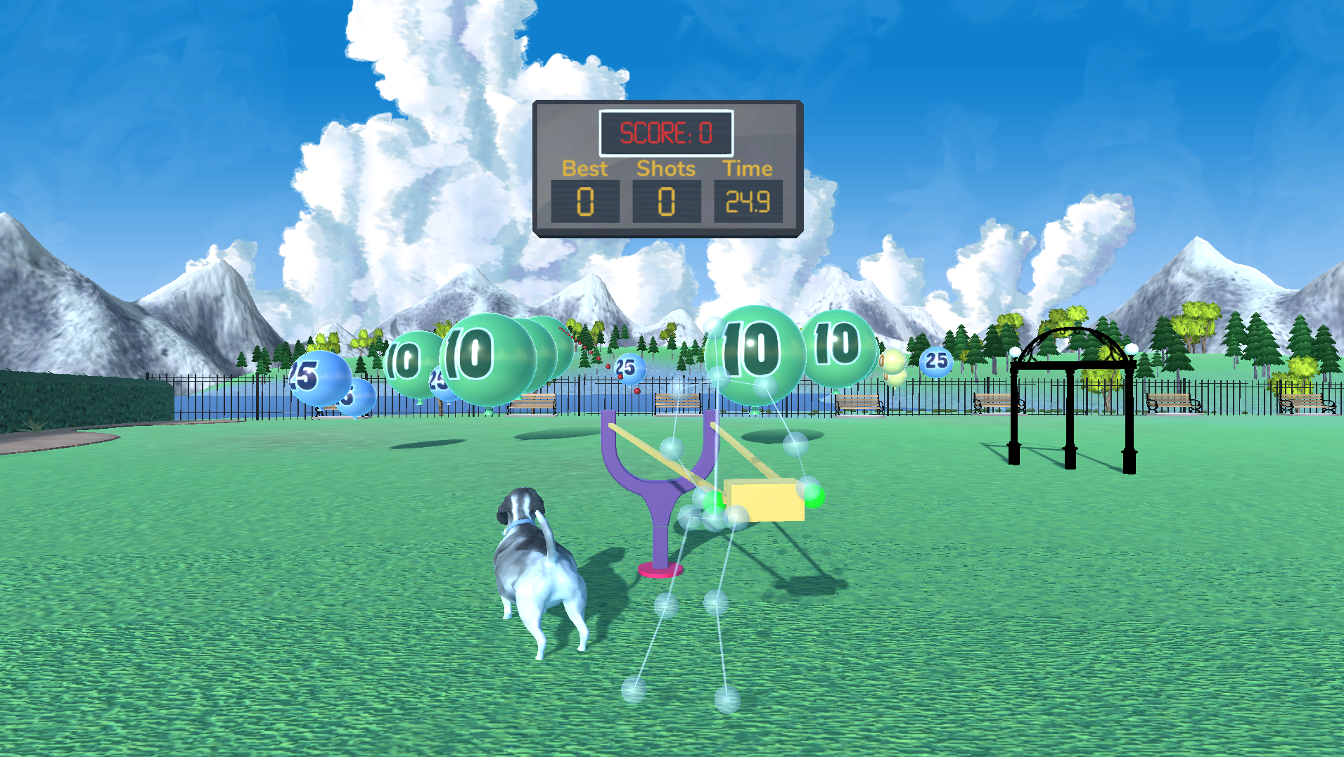VFB-A Slingshot Minigame A virtual person holding a slingshot pouch with a dog and balloons.