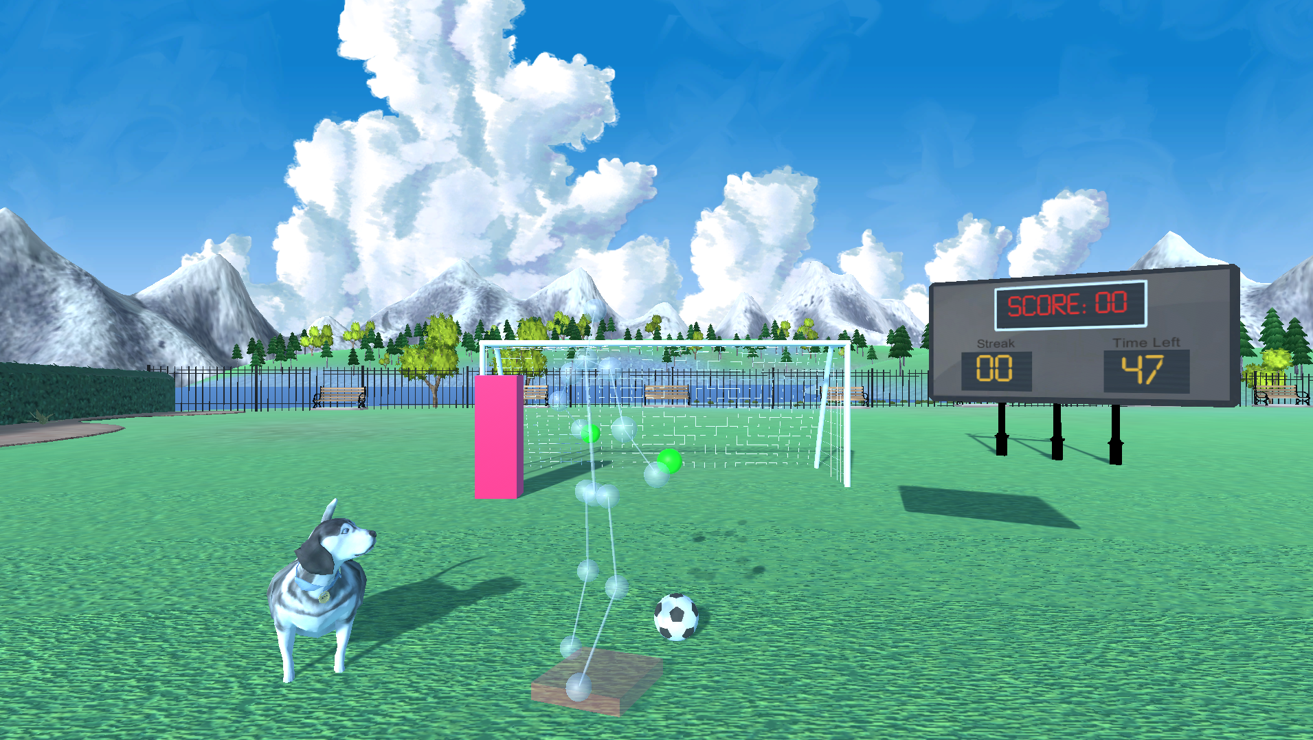 VFB-A Soccer Minigame A virtual person kicking a soccerball towards the goal with a dog.
