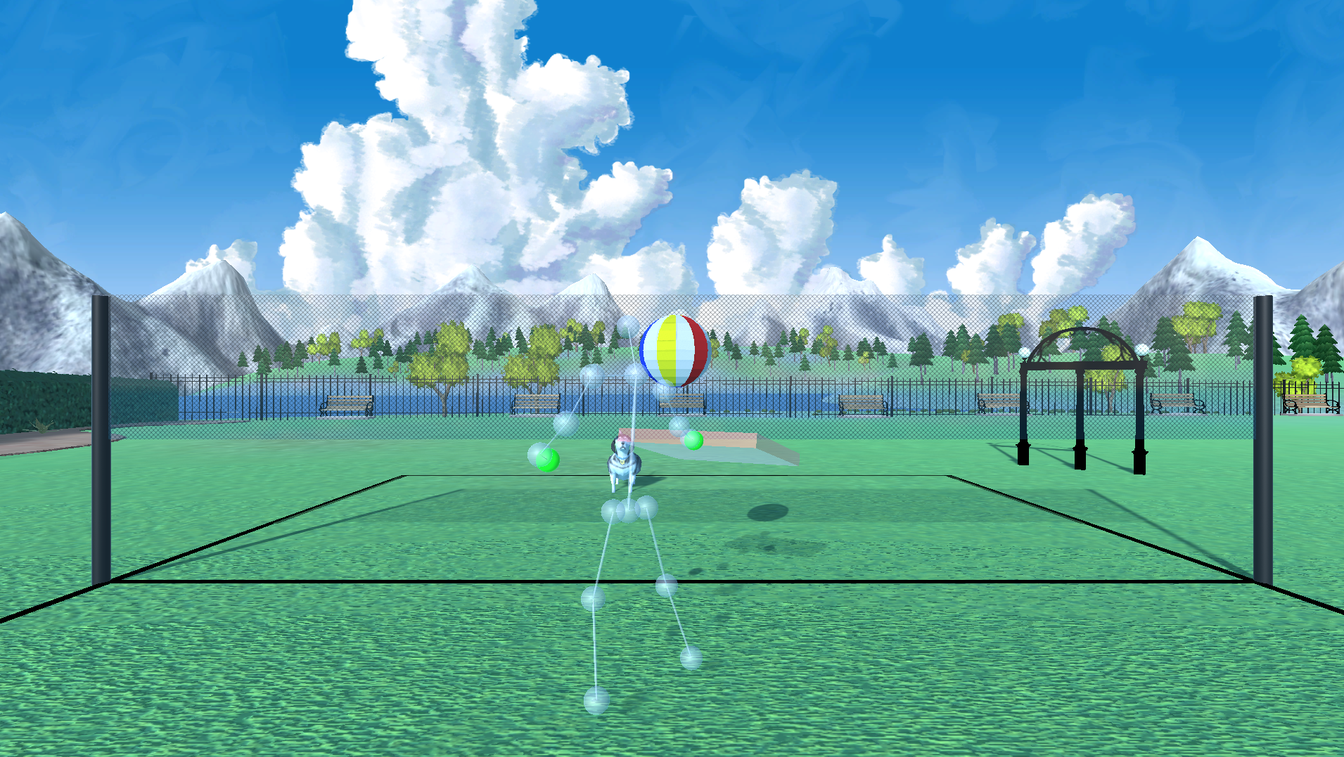 VFB-A Volleyball Minigame A virtual person hitting a beach ball over a volleyball net with dog.