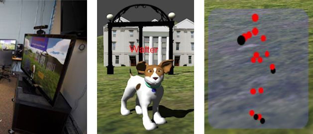 VFB-C kiosk, buddy, and Kinect skeleton Compilation of TV, virtual dog, and spheres in the shape of a human.