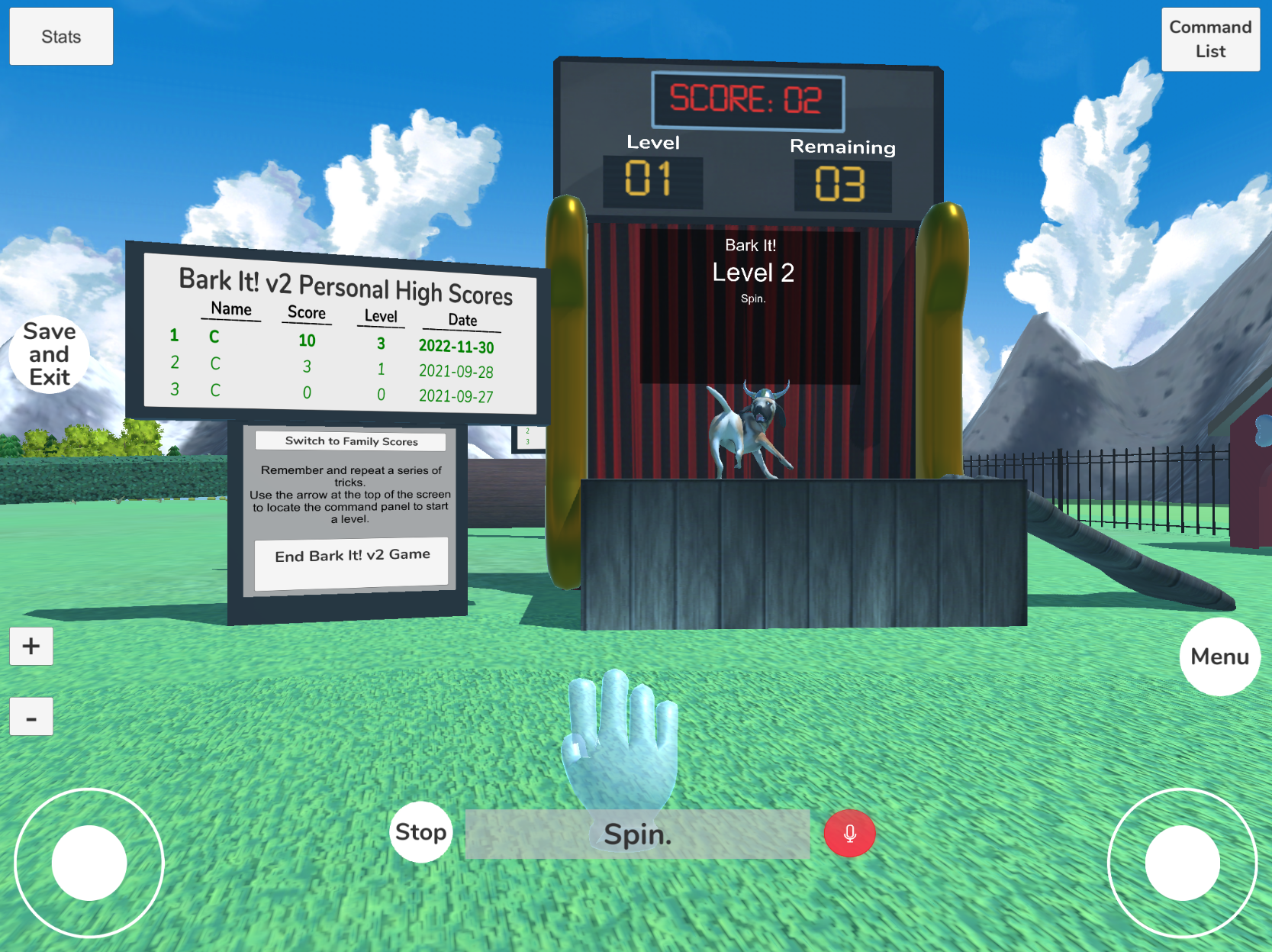 VFB-H Bark It Minigame A virtual dog chasing its tail on a stage.