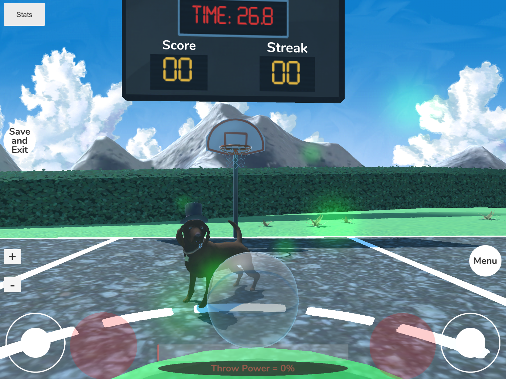 VFB-H Basketball Minigame A virtual dog standing on a basketball court with a scoreboard.