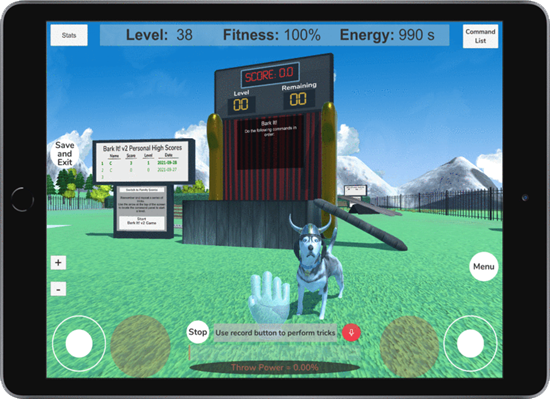 VFB-H iPad interface A game with dog and stage on iPad.