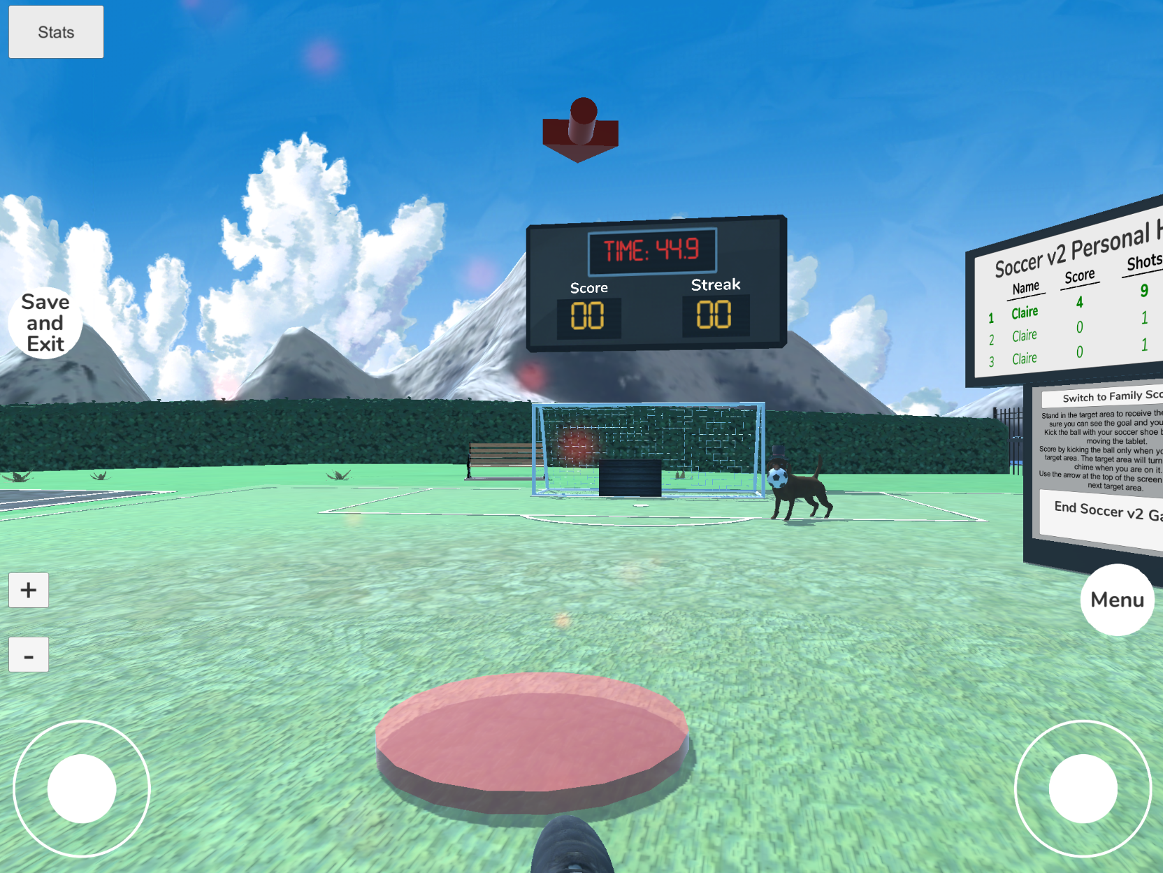 VFB-H Soccer Minigame A virtual dog holding a soccer ball on a soccer field with a scoreboard.