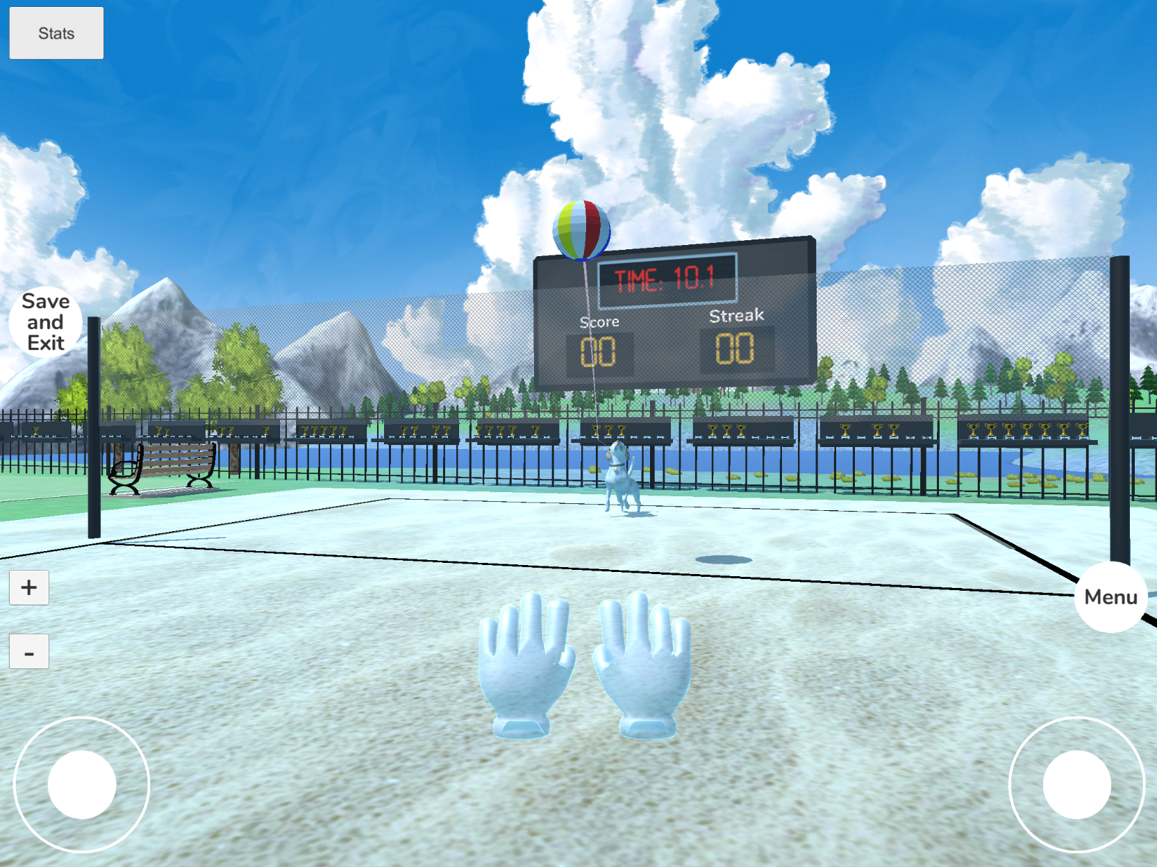 VFB-H Volleyball Minigame A virtual dog serving a beach ball over a volleyball net.