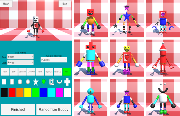 Various VSB Buddy Examples Ten customized robots with various colors and shapes.