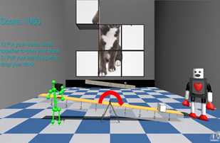 VSB-M Lever Hero Minigame A virtual person holding a cube over a lever with a robot buddy.